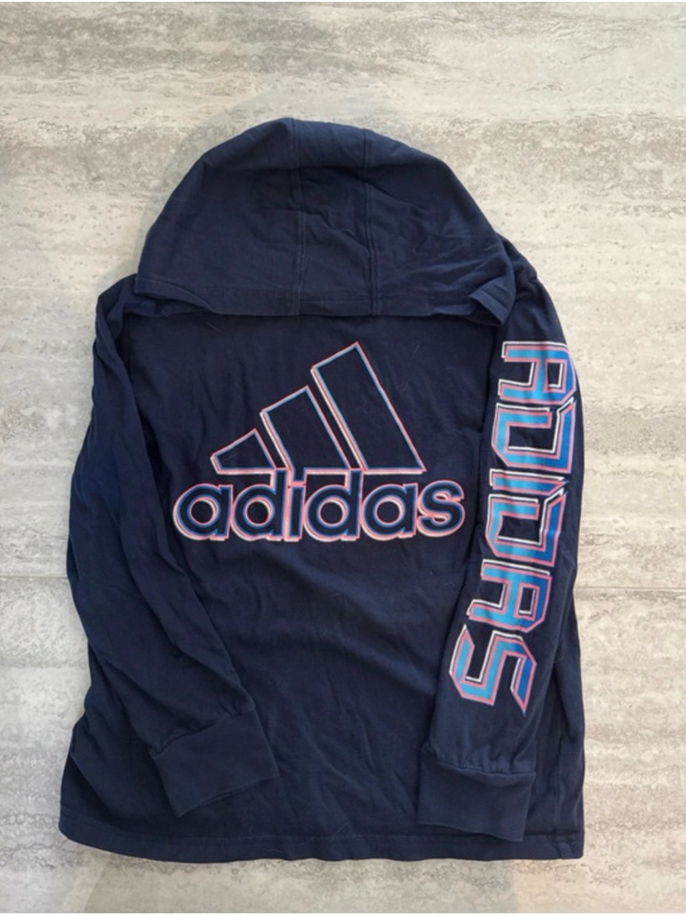Adidas Navy Long Sleeve Hoodie T-shirt with Light Blue Logo (Boys Small)